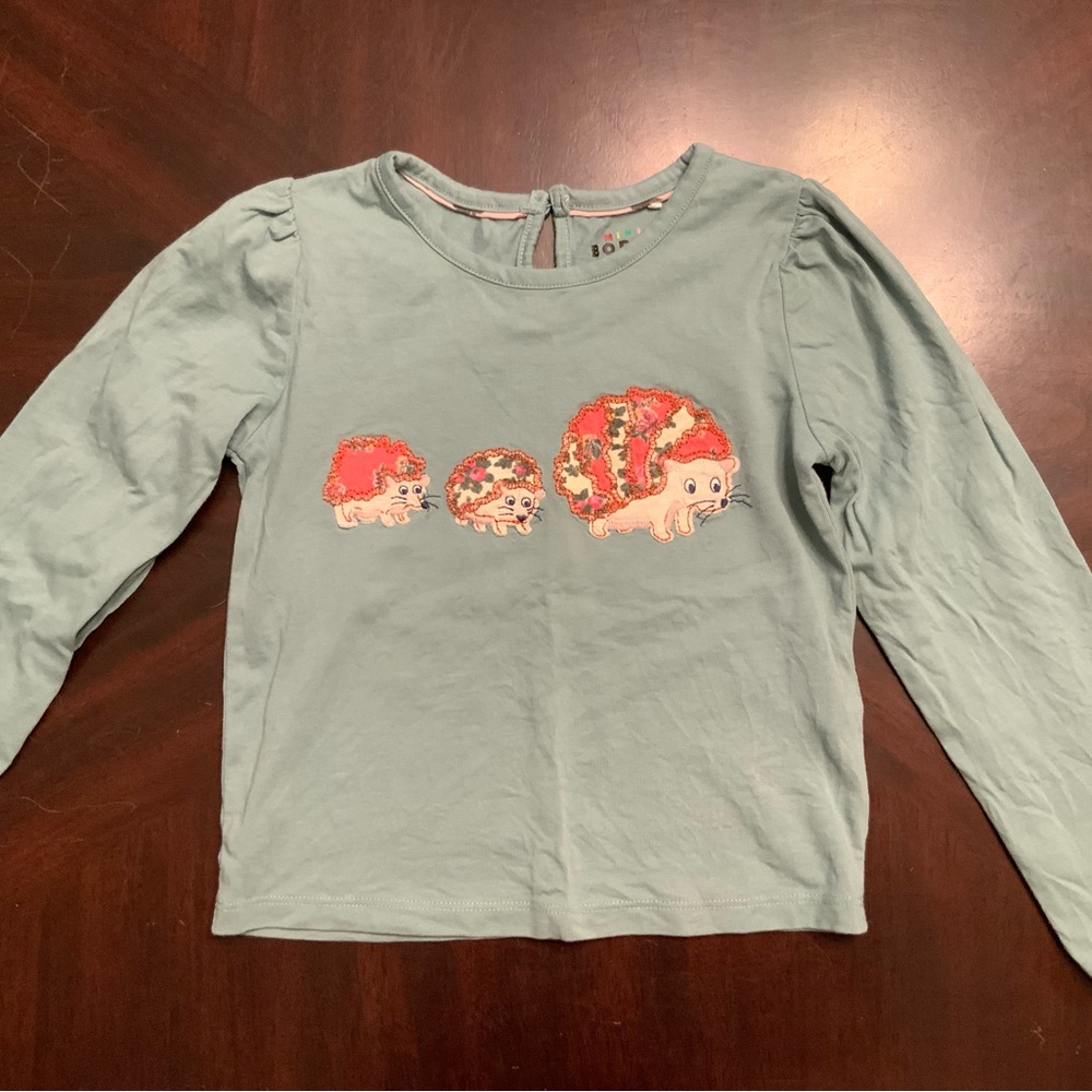 Mini Boden Long Sleeve Shirt with Hedgehog Design - Green and Red